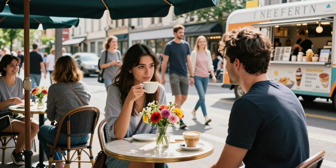 Woman at a café experiencing a crush on a stranger, with flowers and lively atmosphere.