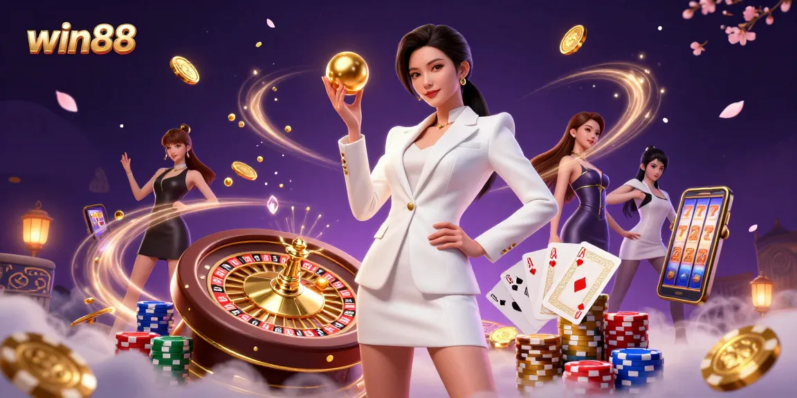 Experience thrill at win88 with a glamorous Asian woman showcasing a roulette ball amidst vibrant casino elements.