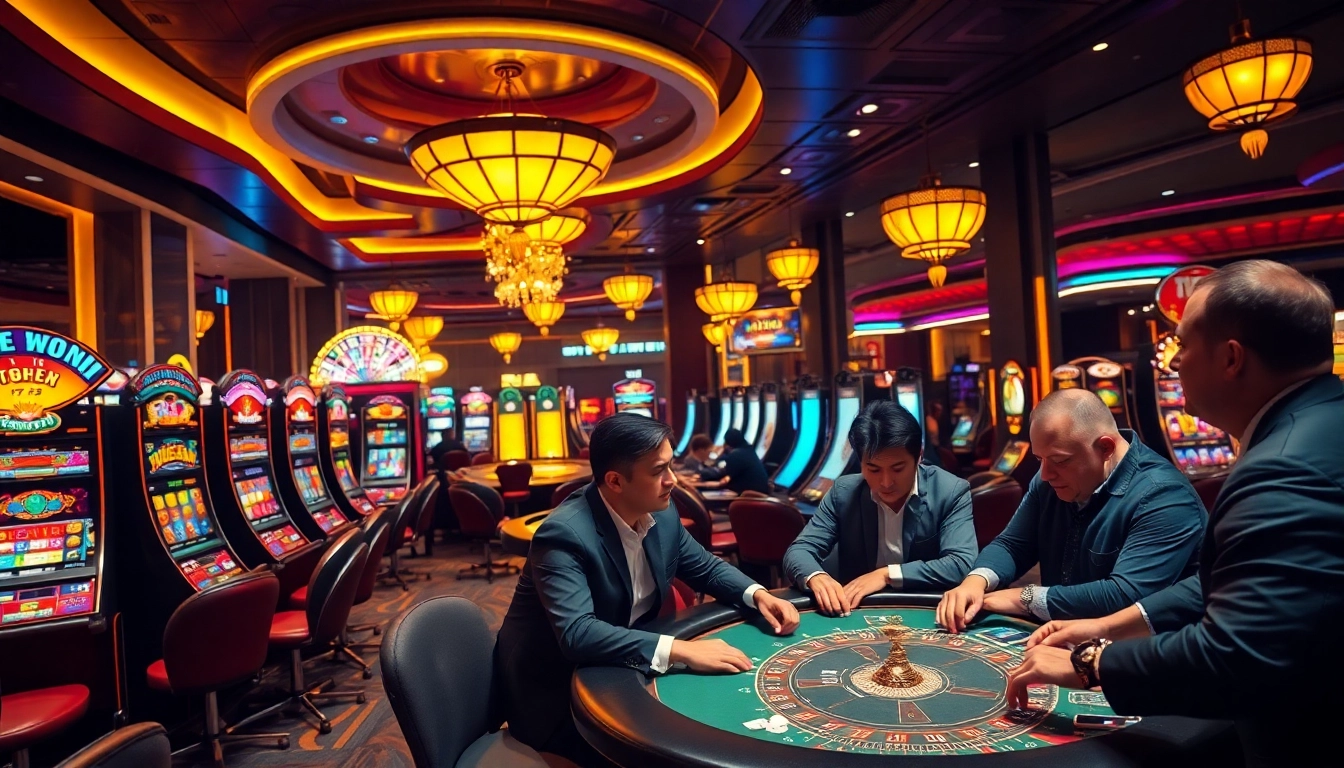 Players enjoying a thrilling casino experience at liên minh kjc with vibrant games and luxurious decor.