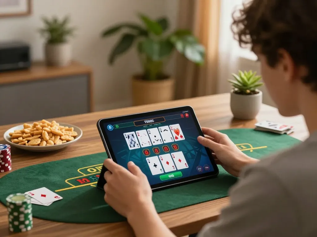 Player enjoying online blackjack in a cozy setting while using link ggdewa777 for strategic gaming.