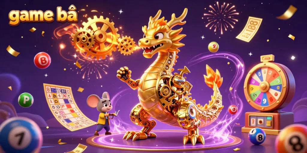 Experience the thrill of game bài with dynamic lottery elements and a golden dragon in 3D.