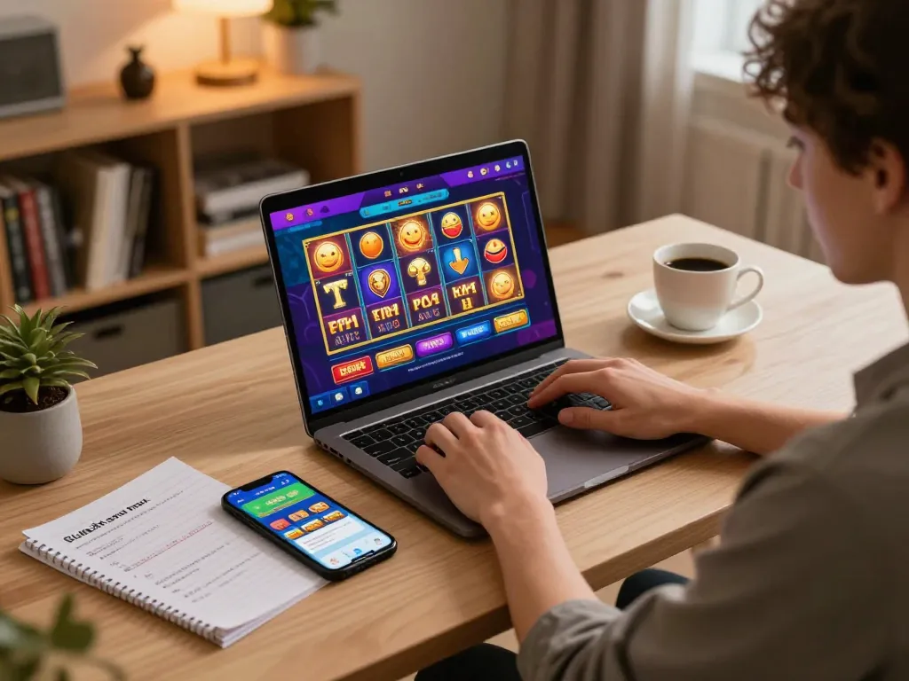 Engaging scene with a player enjoying luck88com online casino games on a laptop, showcasing strategic gameplay.