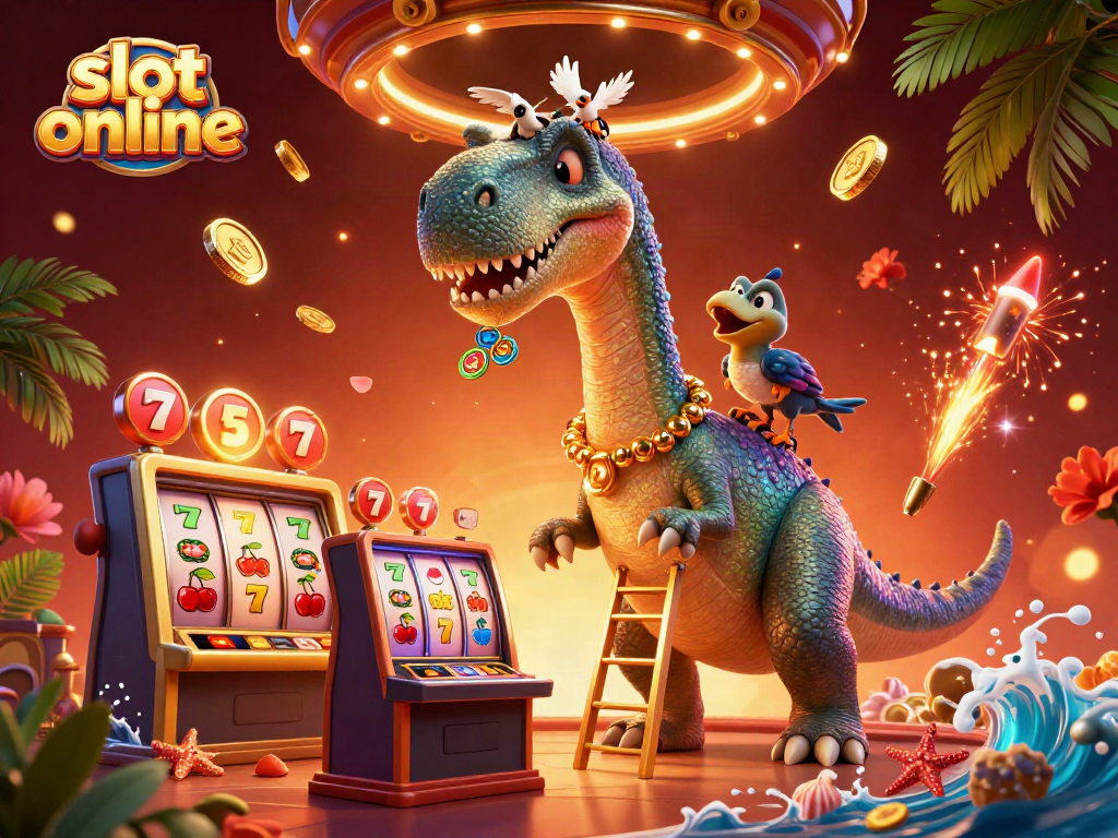 Slot online memperlihatkan brontosaurus dan raptor dalam ilustrasi kasino yang meriah dan penuh warna.