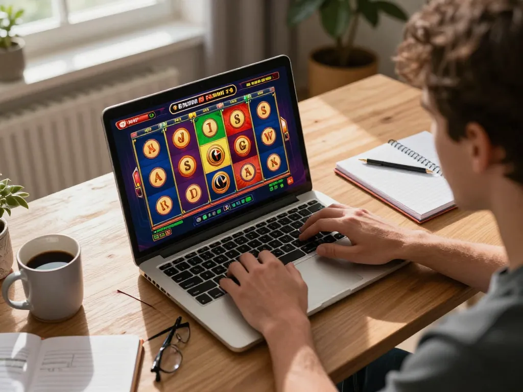 Player enjoying an engaging online slot game at home with Fokus77 interface displayed