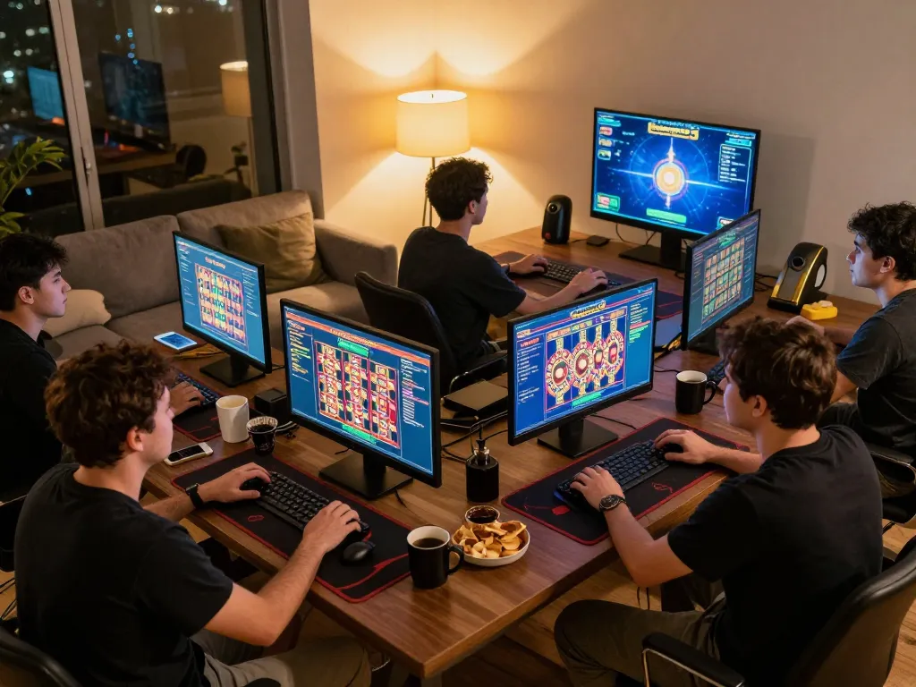 Players engaging with various games on megaplus88, enjoying a vibrant online gambling night from home