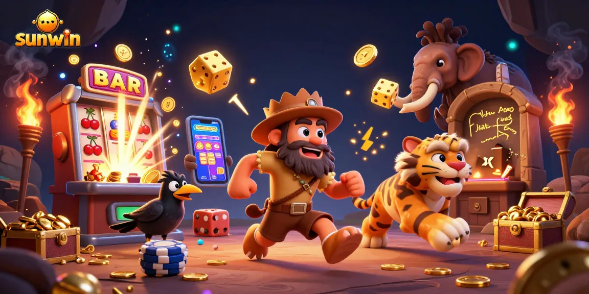 Join the fun at sunwin's vibrant casino with 3D cartoon characters surrounded by slot machines.