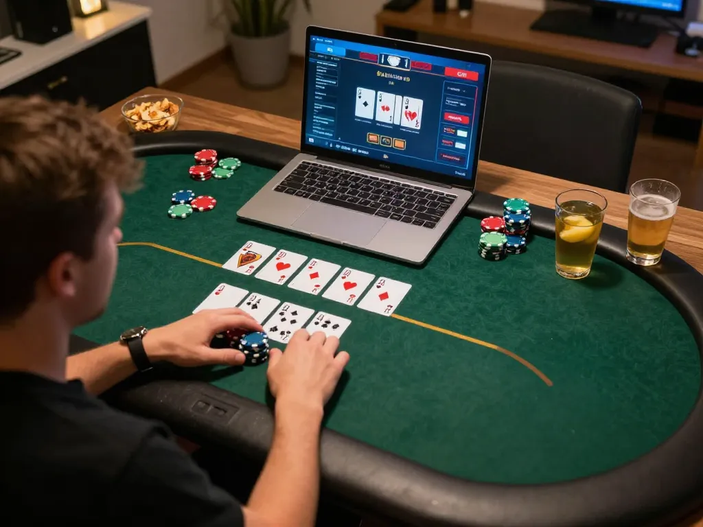 Engaging online gaming setup for tr88 đăng ký with poker table interface, snacks, and cozy lighting