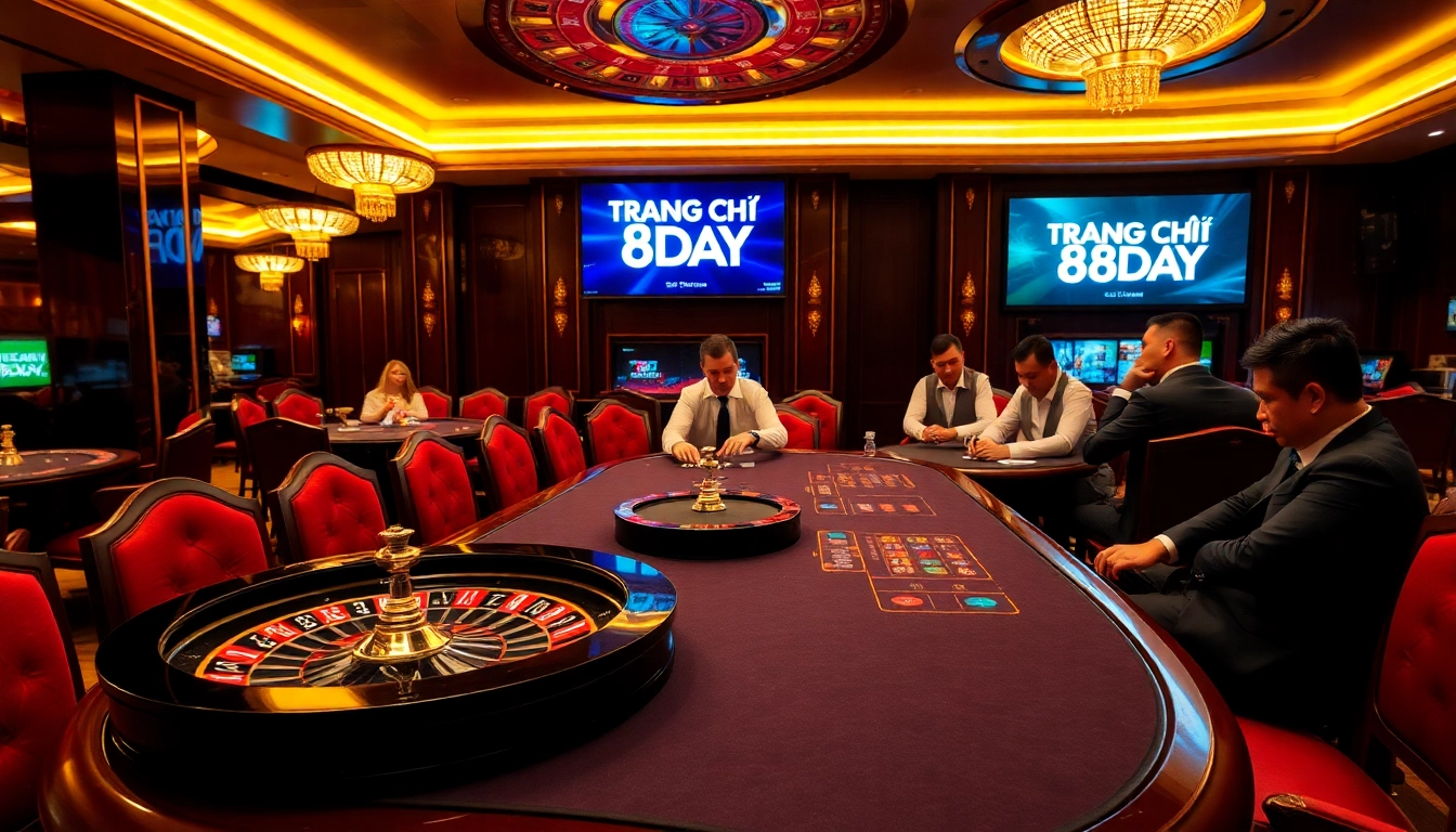 Engaging casino scene featuring TRANG CHỦ 8DAY logo with vibrant gaming tables and players in action.
