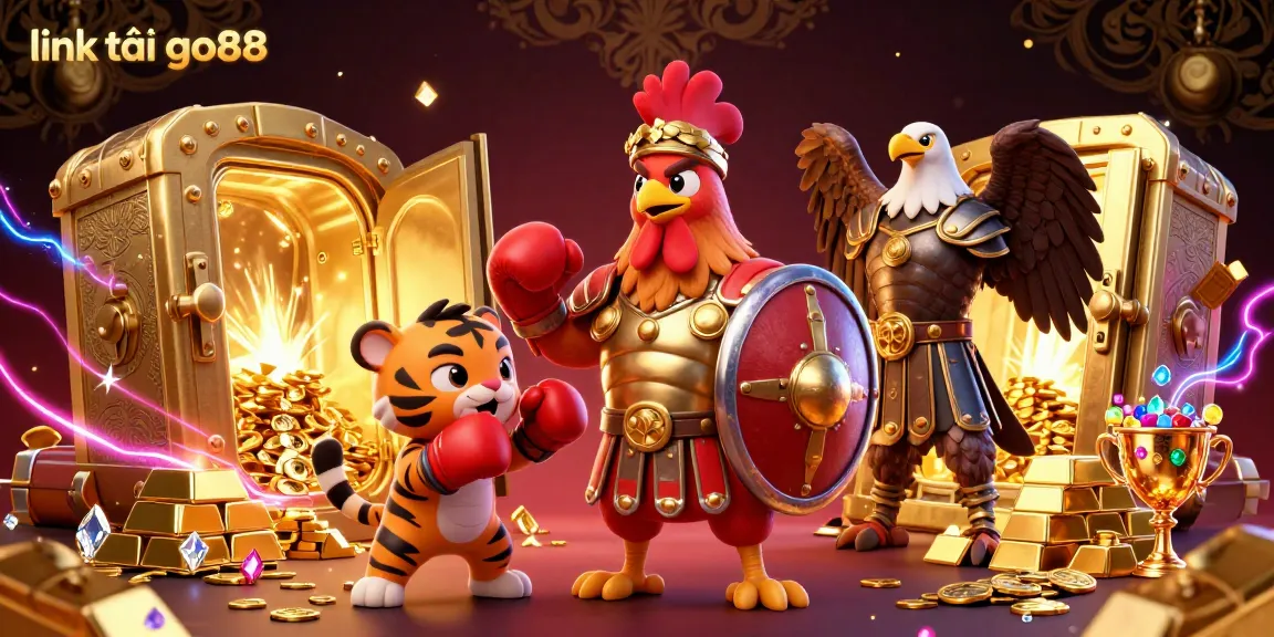 Engage in thrilling gameplay with the link tải go88 featuring a 3D cartoon gladiator rooster in an electrifying casino scene.