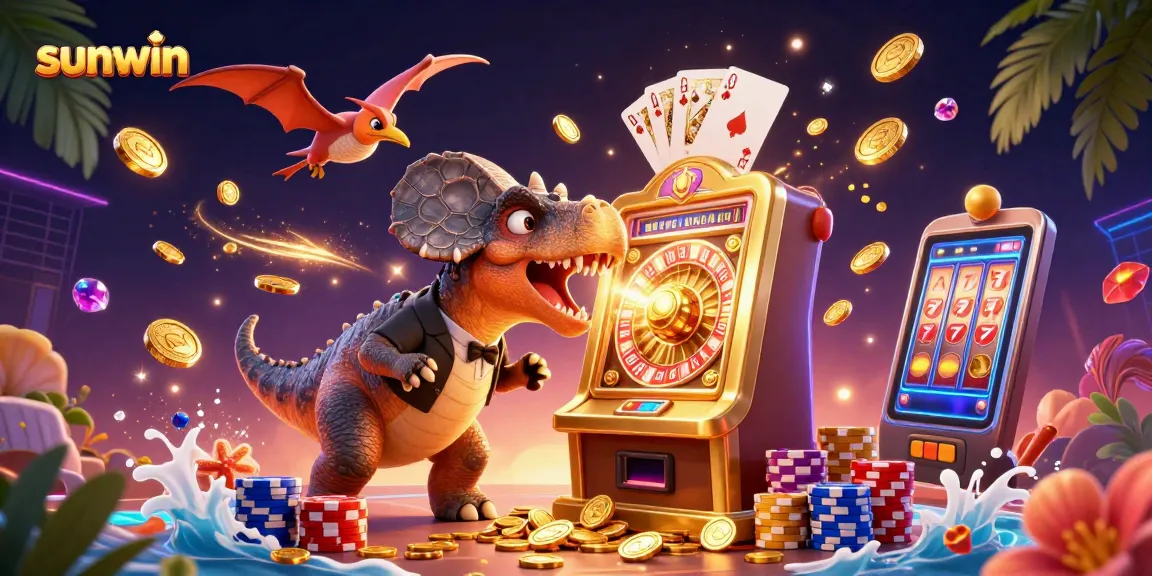 sunwin slots jackpot scene with dynamic characters headbutting a golden machine