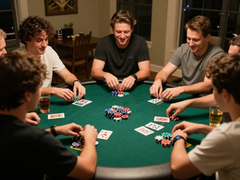 Sweeping view of friends enjoying a situs slot gacor poker night with engaging gameplay and social atmosphere.