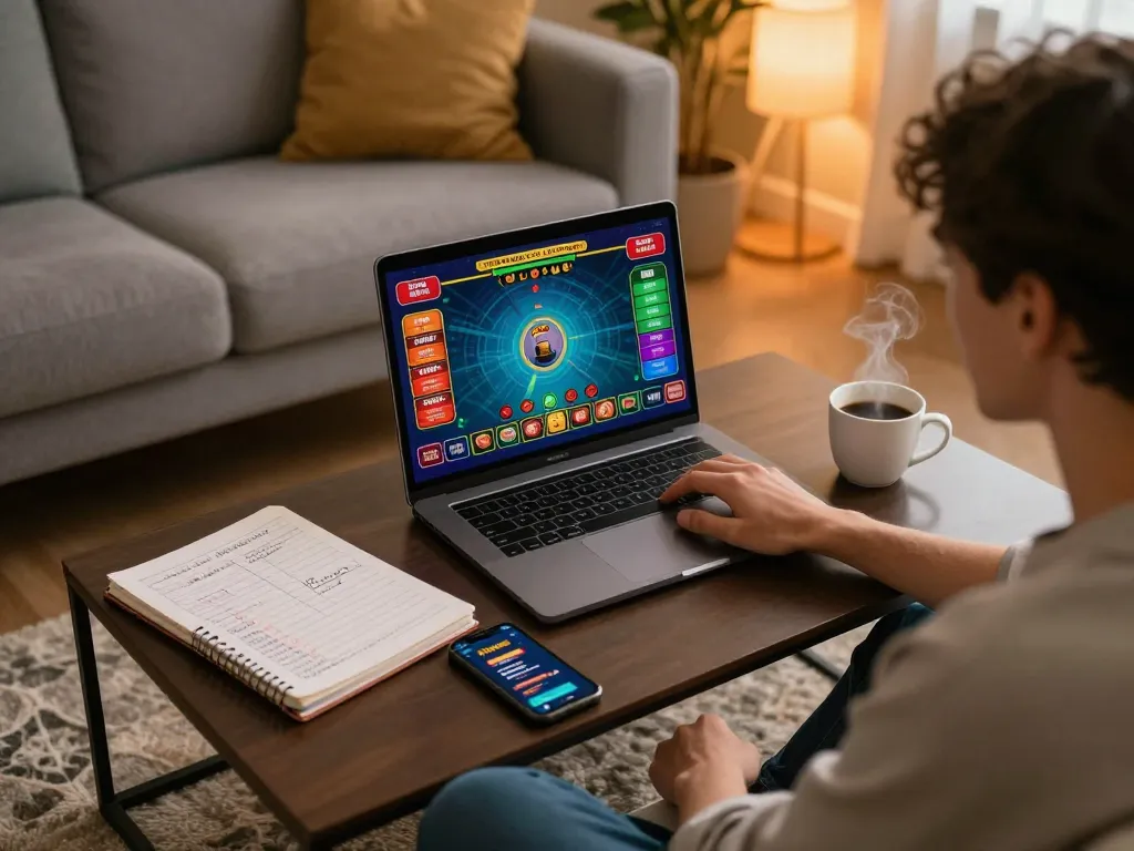 sc88seo player enjoying an online casino game on their laptop in a cozy home setting