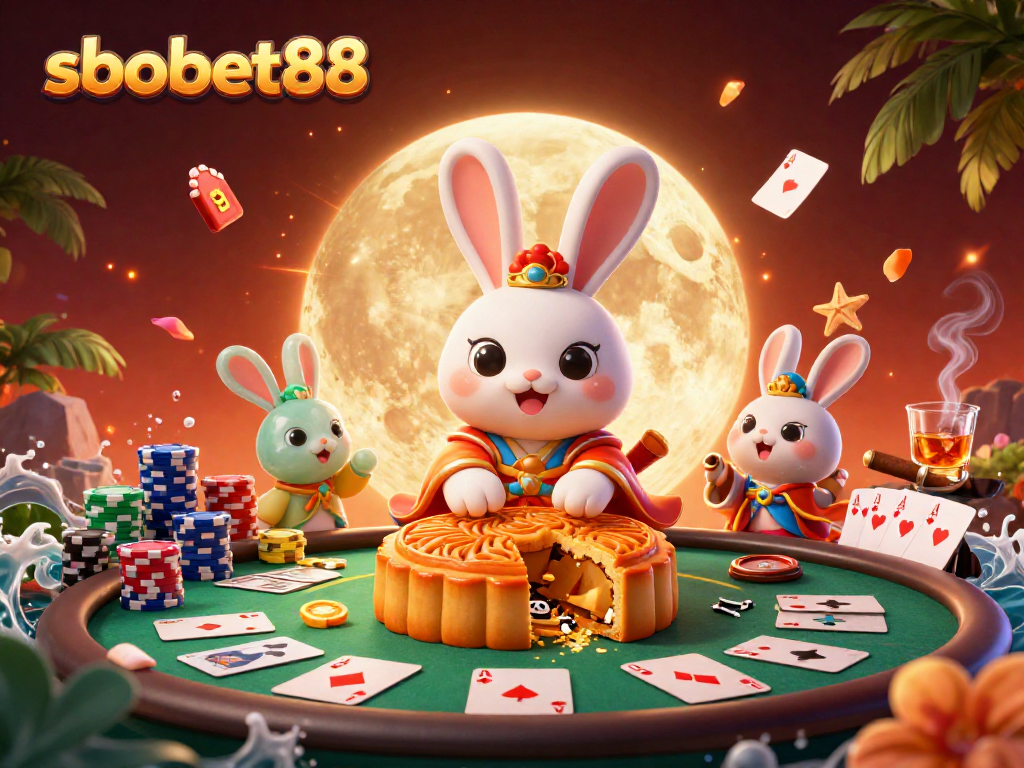 Play at sbobet88 with a dazzling moon rabbit creating poker chips in a vibrant casino scene.