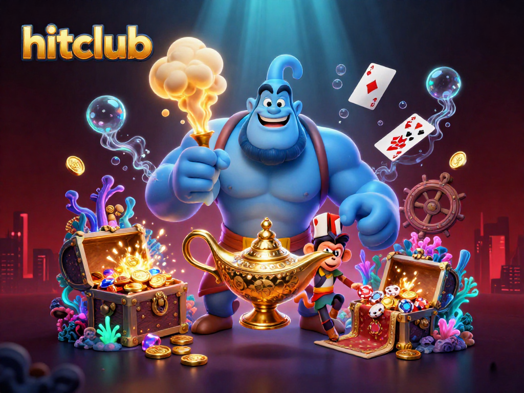 Engage with the hitclub magic in this dynamic casino-themed illustration featuring a genie, monkey, and poker chips.