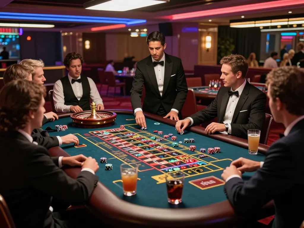 Pemain Dewi123 terlibat dalam permainan roulette yang mendebarkan di kasino mewah dengan dealer yang mengelola taruhan.