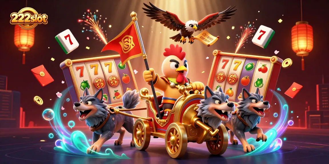 Slot 222slot menampilkan pahlawan ayam dalam mobil perang dengan simbol jackpot yang berkilau.