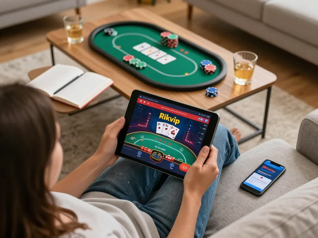 Engaging in Rikvip online casino gameplay on a tablet, surrounded by strategy notes.