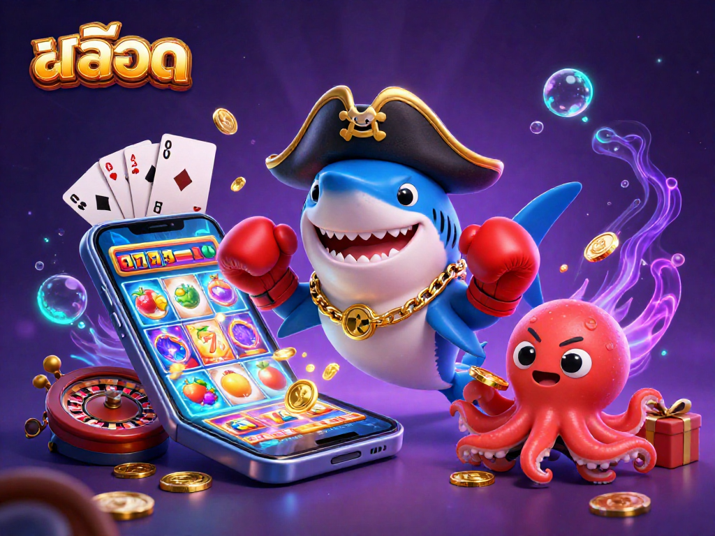 Spin the reels of สล็อต with a pirate shark, pufferfish, and octopus in a vibrant casino scene.