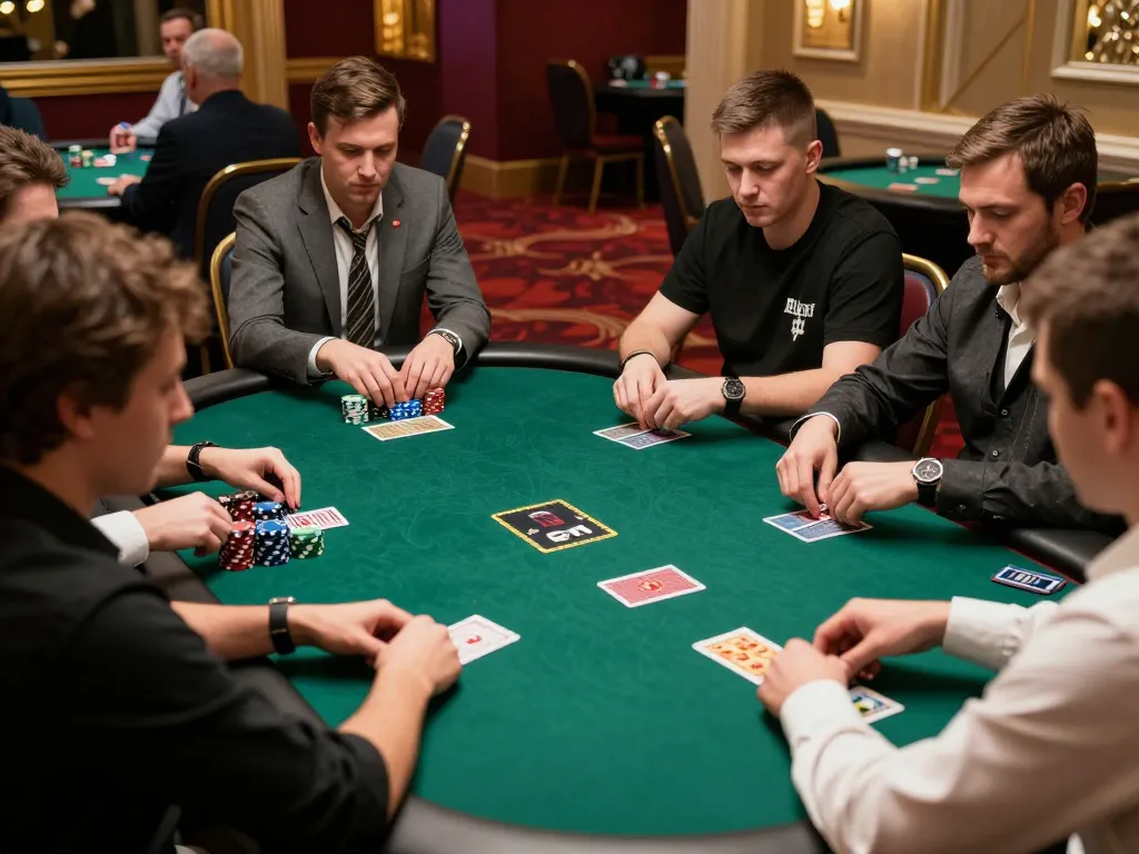 Fun88 poker players strategizing bets at an upscale casino table, high stakes atmosphere.
