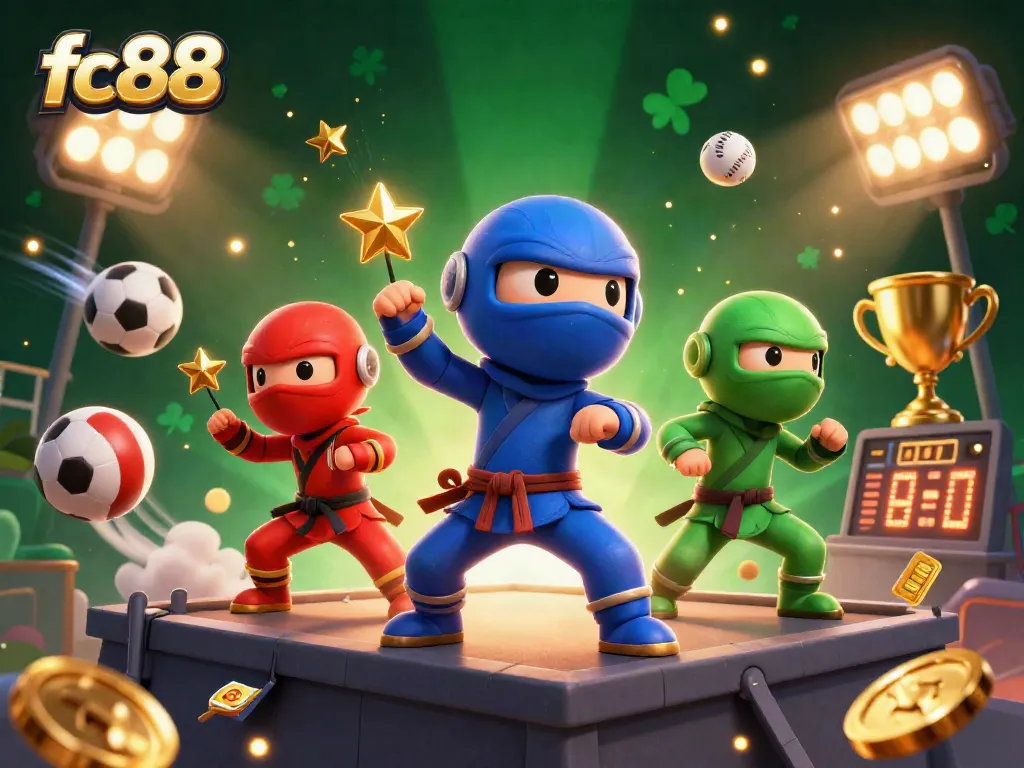 Engage in exciting betting action with fc88 amidst a vibrant 3D casino scene of dynamic sports elements.