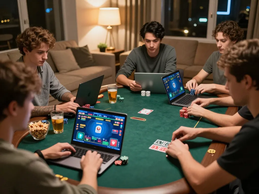 Players engage in an online poker game showcasing a trusted casino experience, camaraderie, and strategy among friends.
