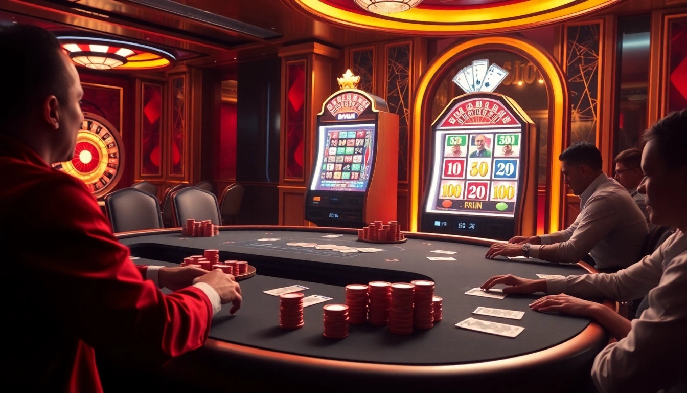 Experience the thrill of 3Dbet with players at a poker table surrounded by exciting gambling elements.