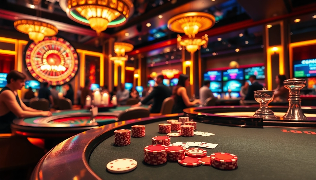 Engaging gamblers at a vibrant casino scene inspired by https://rr88c.org/, showcasing poker and roulette excitement.