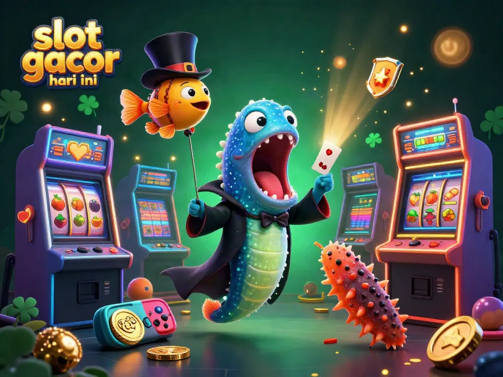 Permainan slot gacor hari ini di gambar ilustrasi 3D kartun dengan karakter laut menarik dan mesin slot.