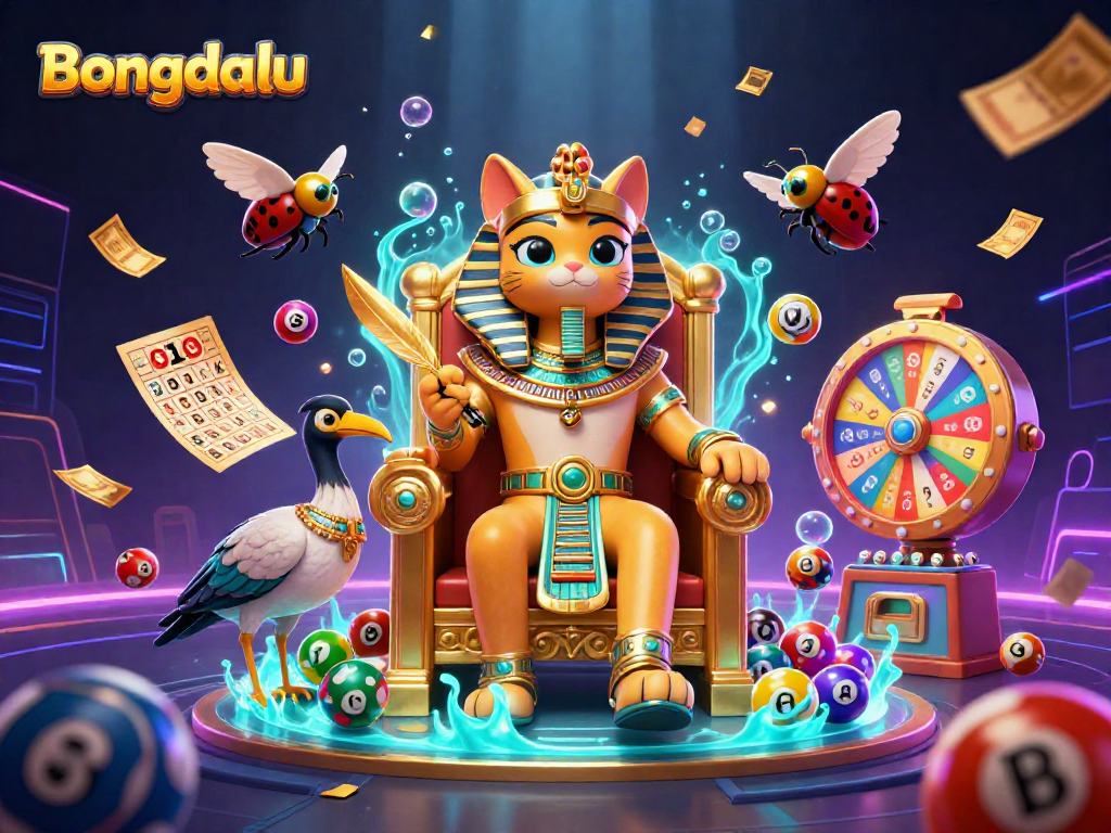 Bongdalu's vibrant casino scene with a pharaoh cat, balloons, and dynamic prize elements.