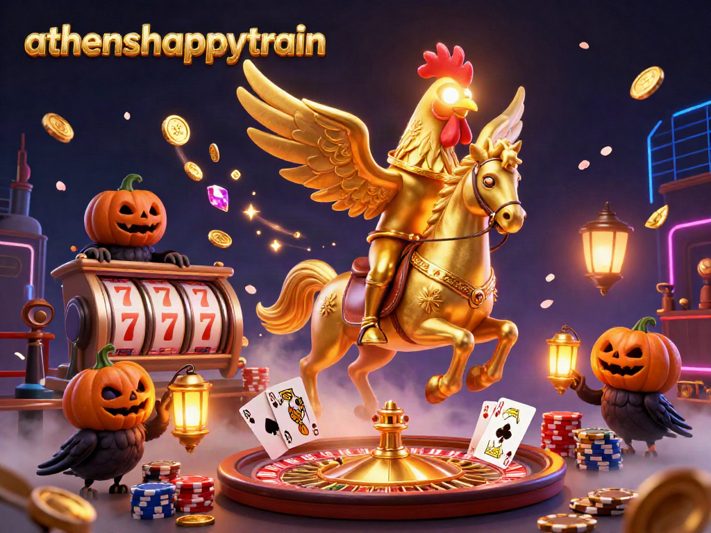 The athenshappytrain scene showcases a golden rooster headless horseman amid a vibrant casino atmosphere filled with slot reels and coins.