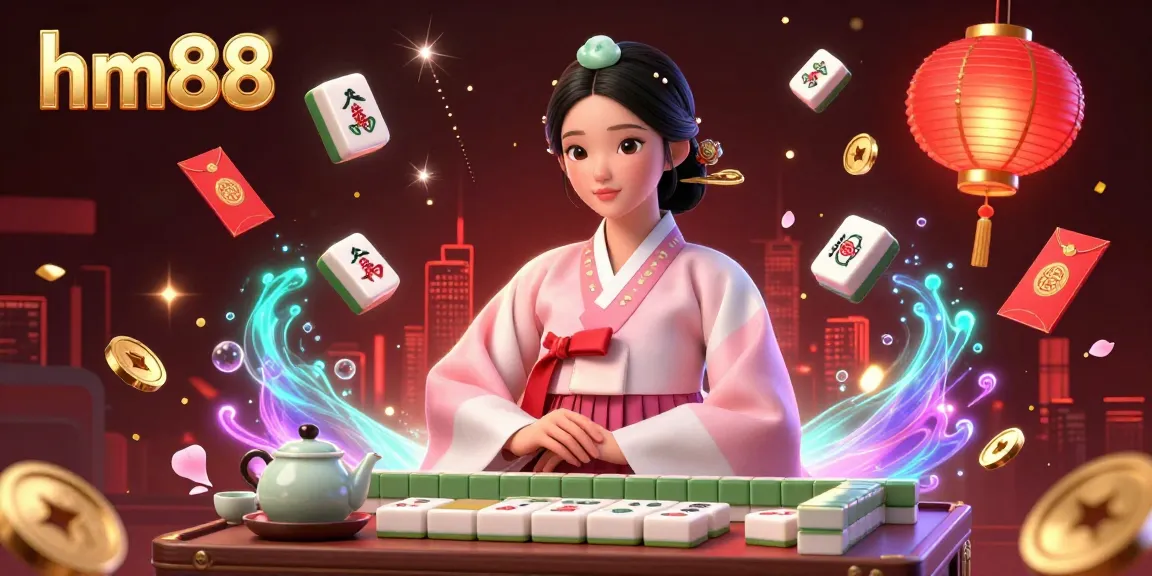 Experience the thrilling games of hm88 with a serene Asian woman in a vibrant digital casino setting.