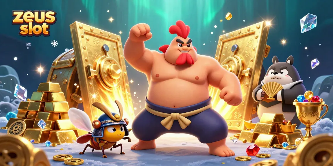 Experience the excitement of zeus slot with dynamic characters amidst piles of gold and gems in a vivid casino world.