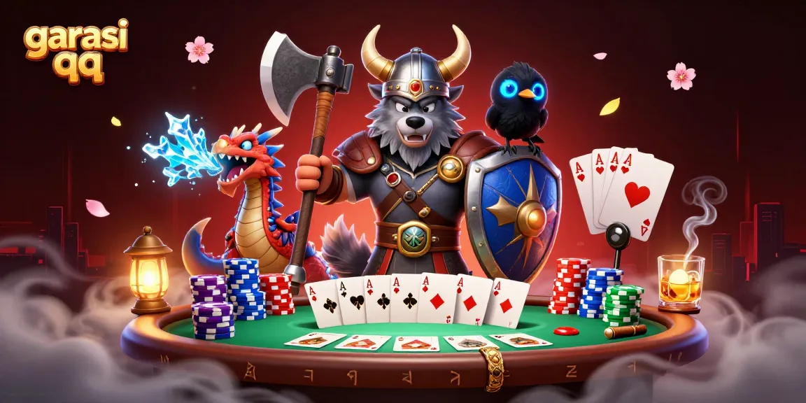 Experience thrilling poker action with garasi qq featuring a Viking wolf warrior, fierce dragon, and raven.