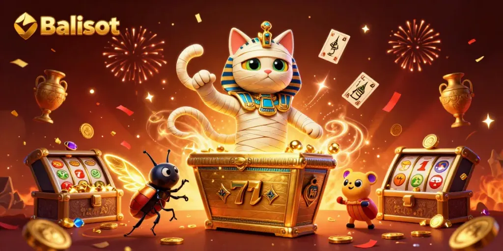 Experience the thrill of Balislot with a vibrant scene featuring a mummy cat and glowing elements.