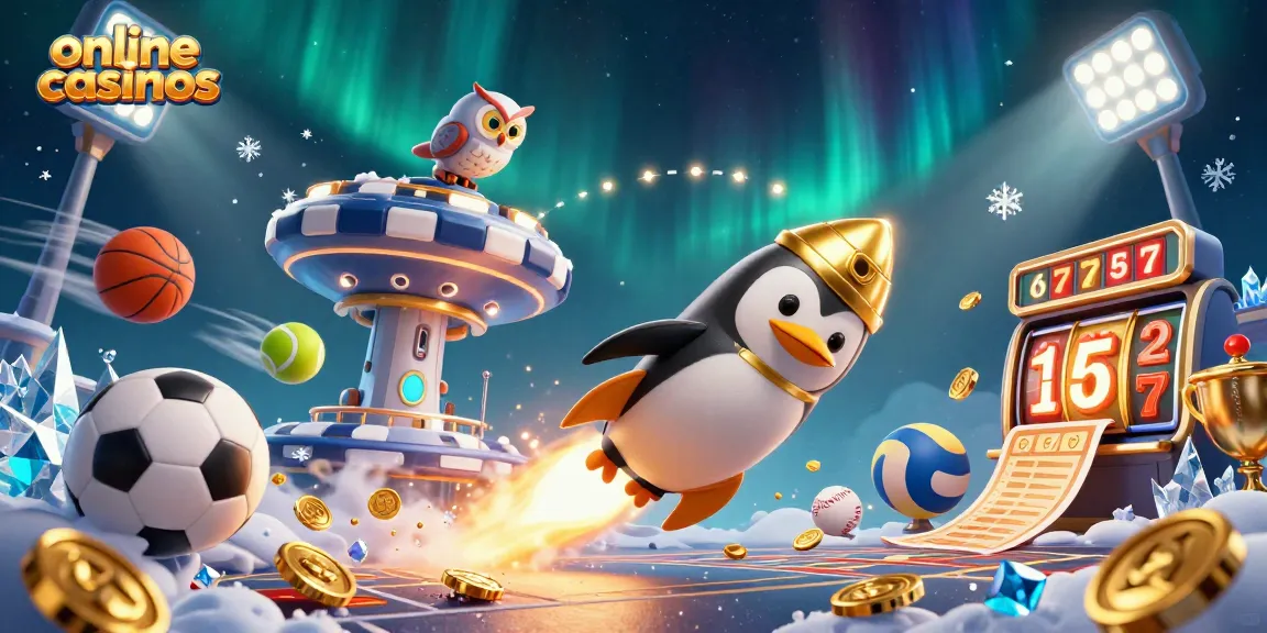 Thrilling illustration of online casinos featuring a cartoon penguin and casino-themed elements in space.