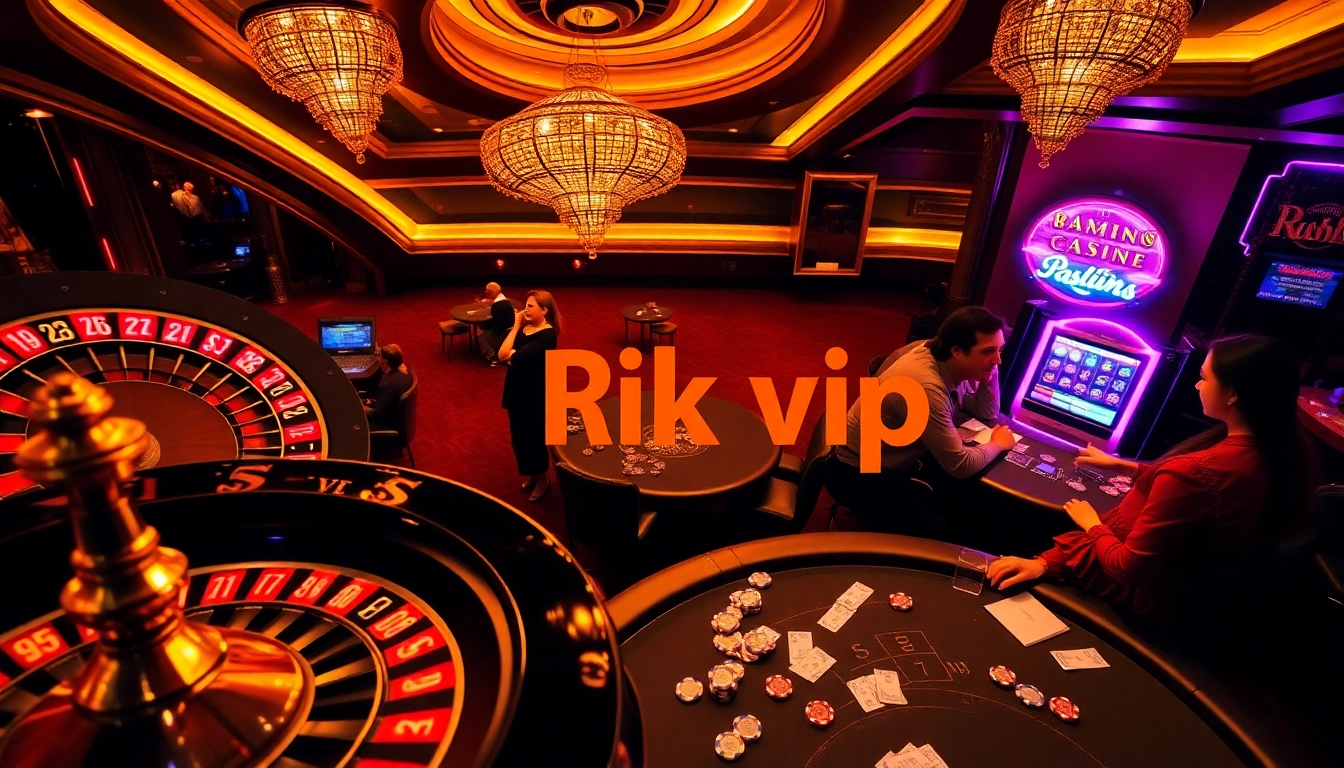 Engaging scene of gambling activities at RIK VIP with players at poker and roulette tables.