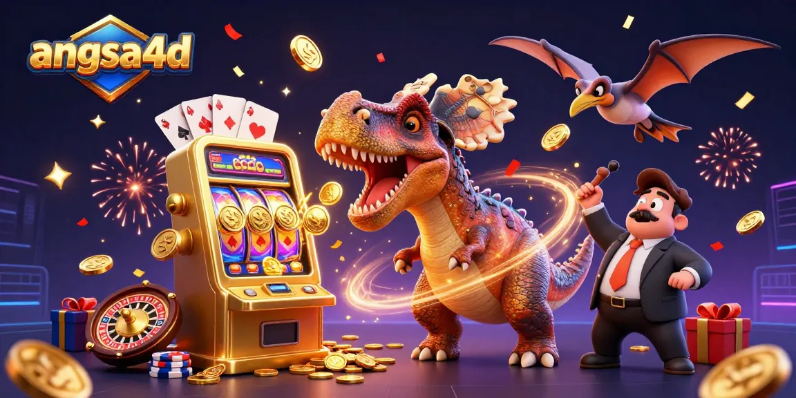 Join angsa4d gaming excitement as a pachycephalosaurus wins big at the slot machine, surrounded by dynamic casino elements.