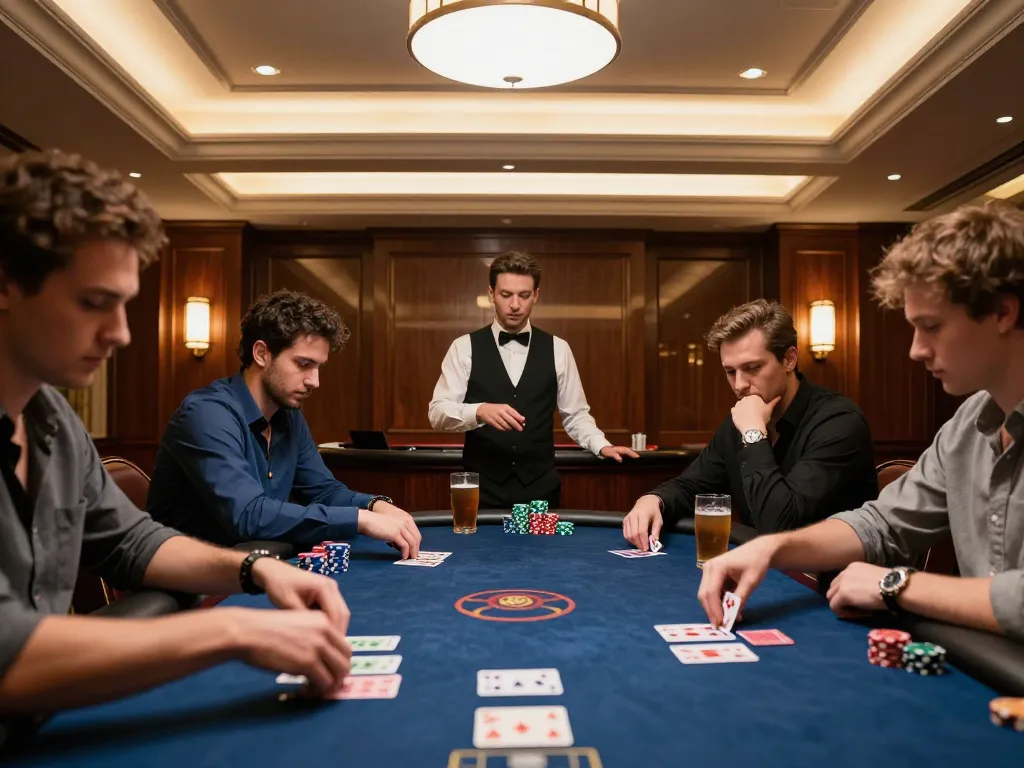 Players at an mb88 poker table strategizing bets during a high-stakes game in a luxurious casino.