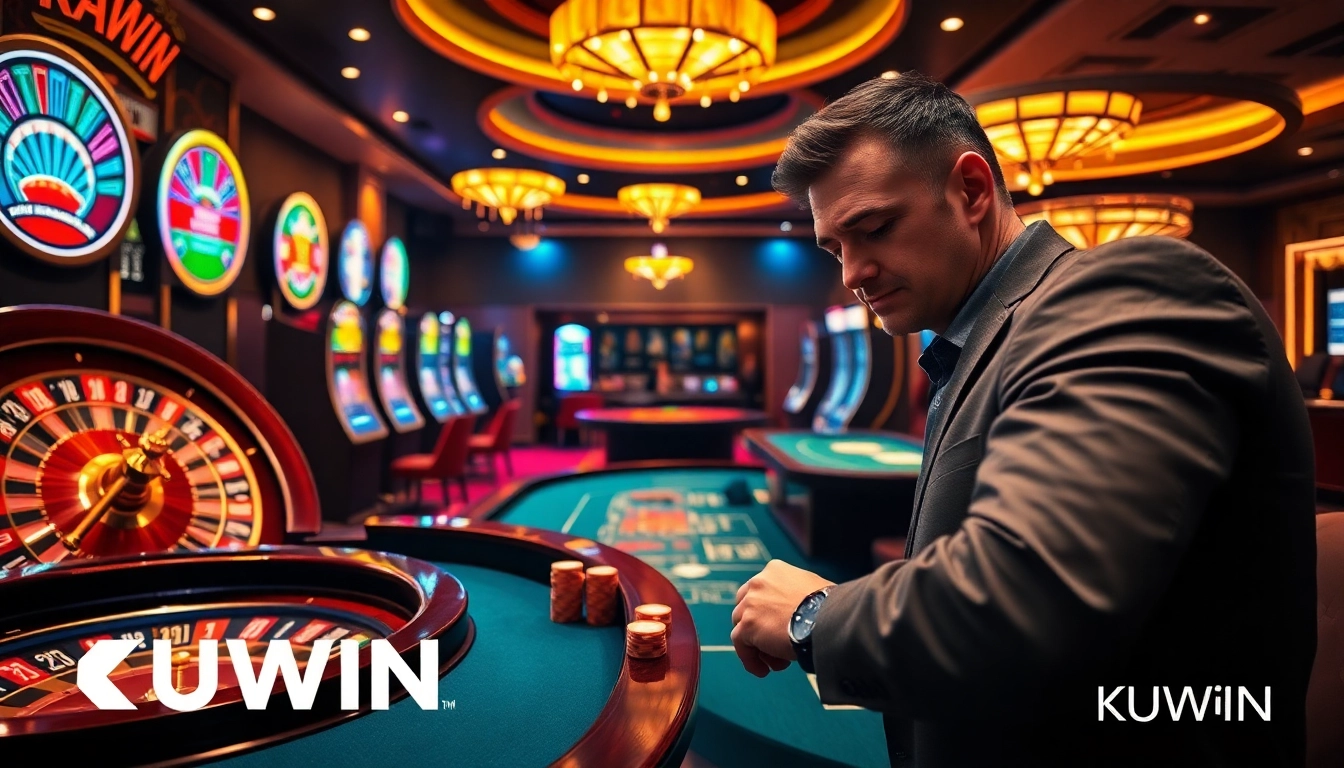 Betting excitement at KUWIN, featuring casino tables and slot machines in action.