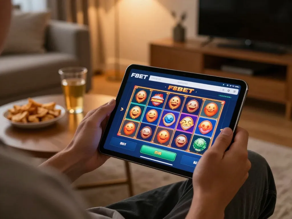 Person engaging with the F8BET mobile casino app on a tablet in a cozy home setting.