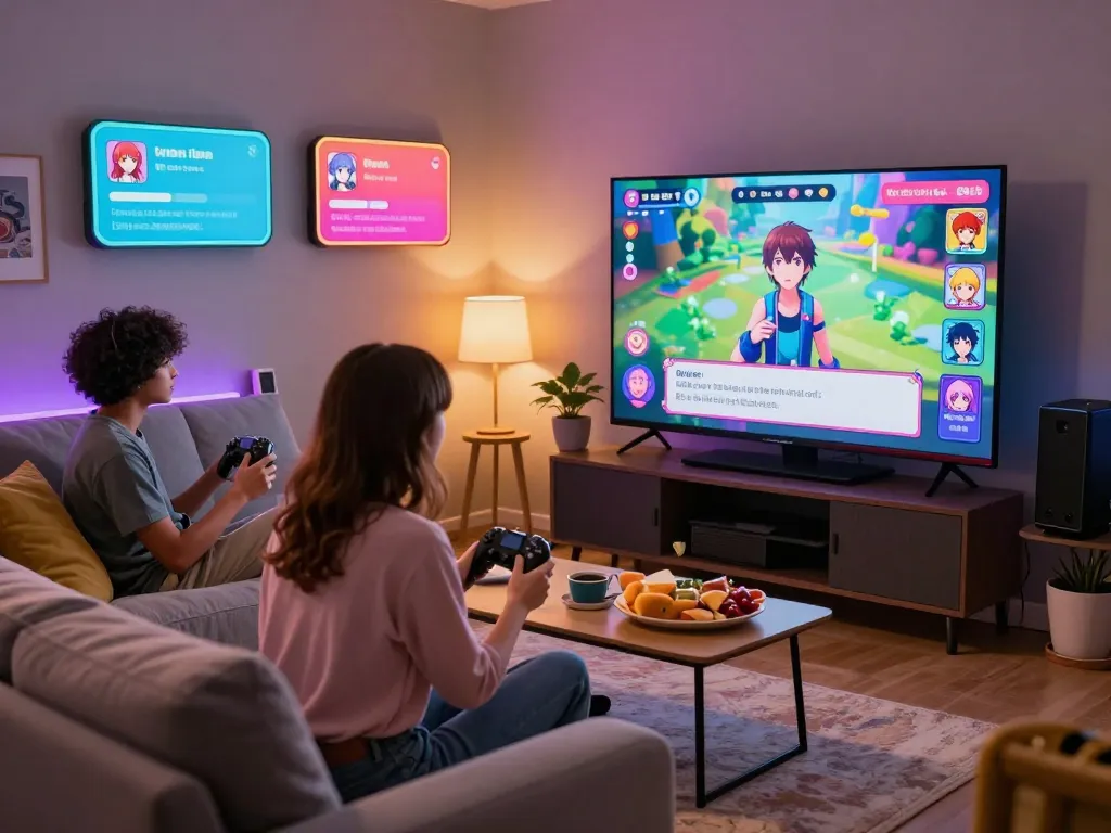 Engaging scene showcasing porngames with diverse characters in an inviting gaming room.