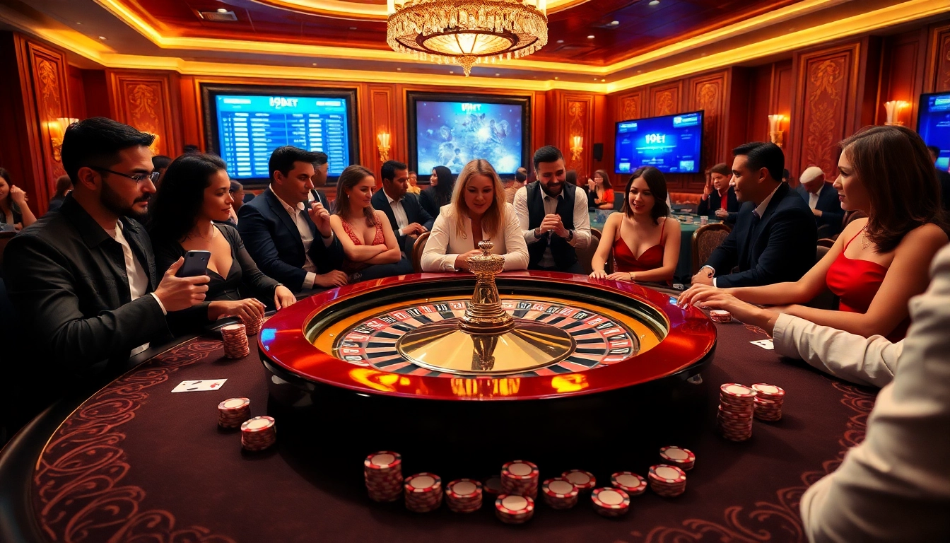 Players experiencing the excitement of i9bet at a luxurious poker table with roulette.