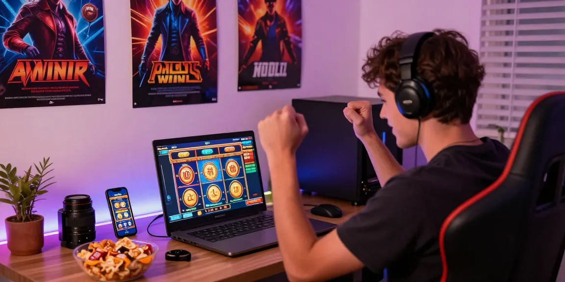Merayakan kemenangan di situs slot gacor dengan laptop dan aksesori permainan yang berwarna-warni.