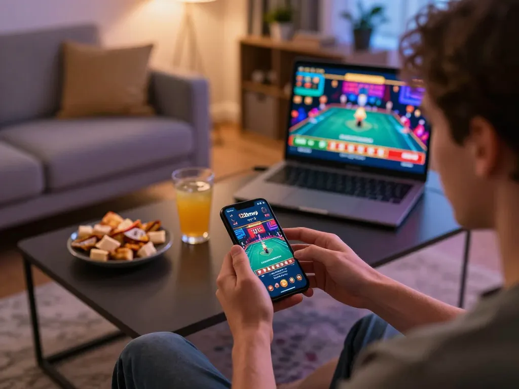 Engaging online gaming experience with 123bmvp casino app in a cozy home setting.