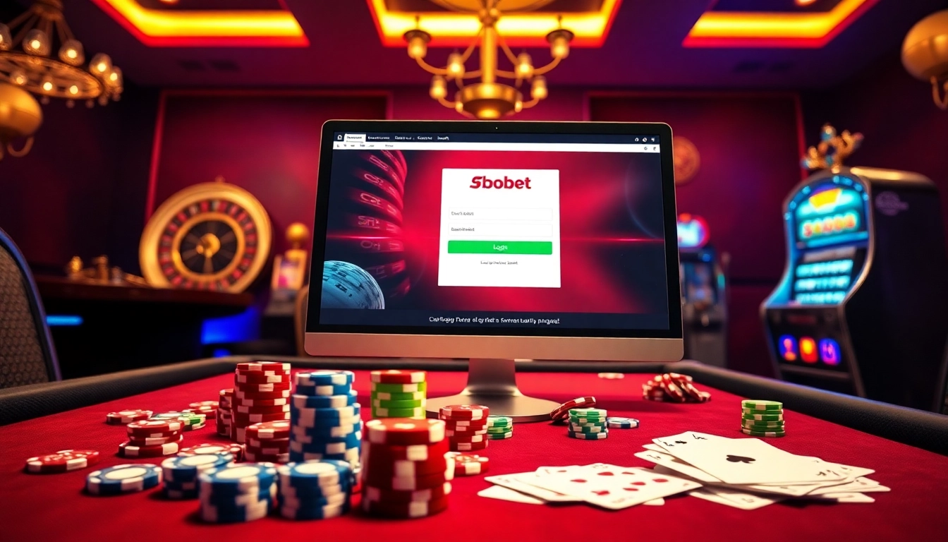 Experience the thrill of sbobet login at a luxurious online casino table with vibrant poker chips and cards.