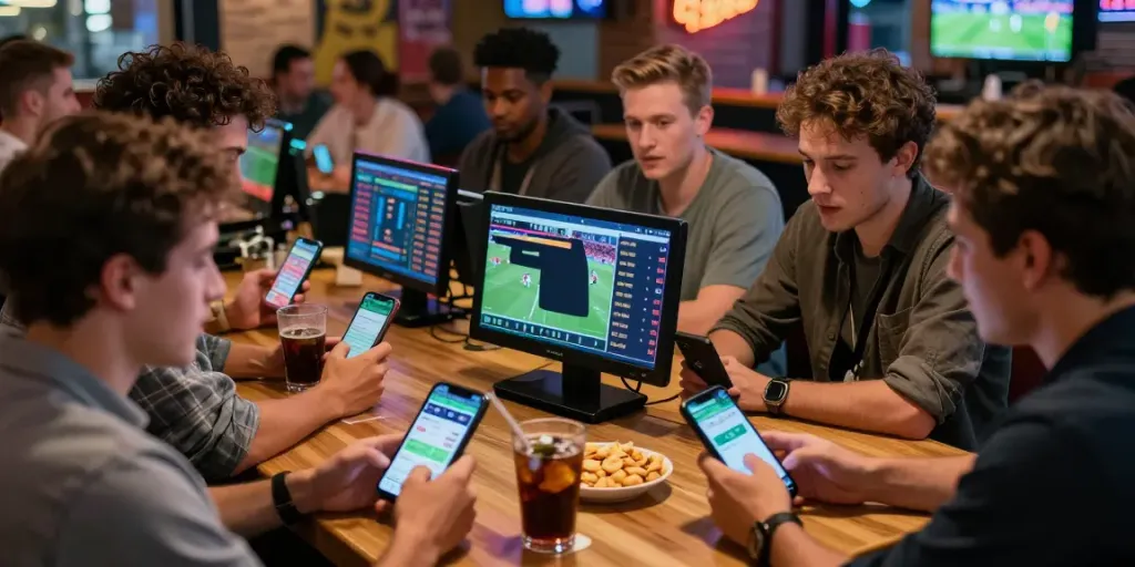 Friends enjoying sports betting at a lively sports bar scene, statymuzona.lt focuses on thrilling betting experiences.