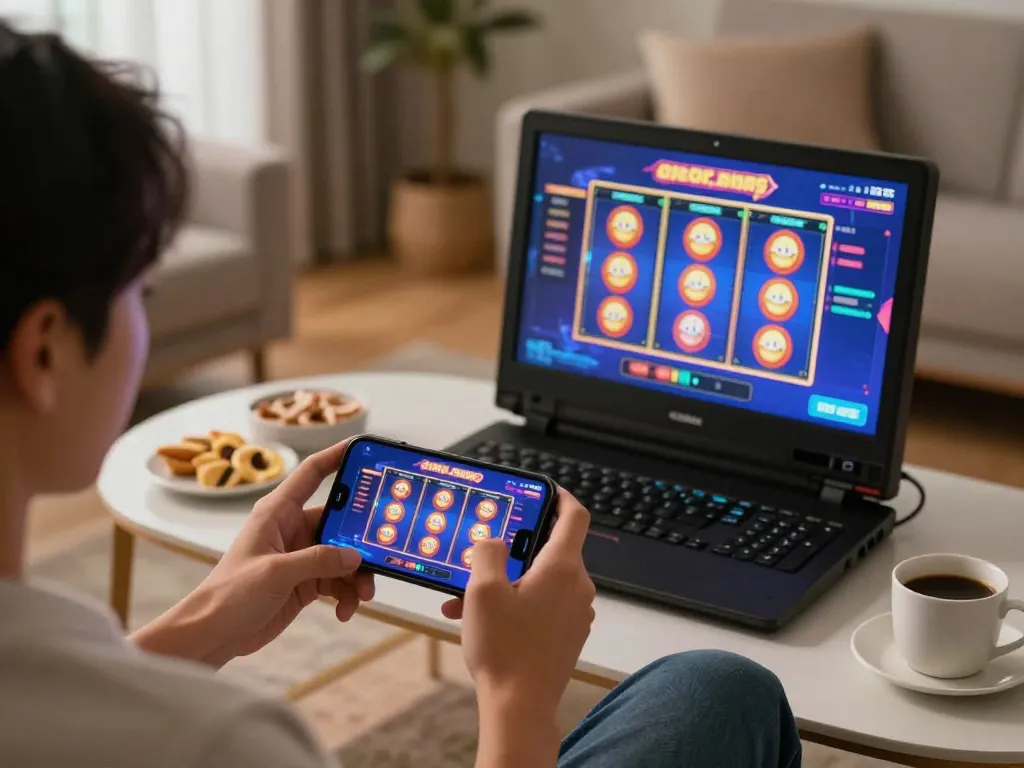 Playing slot gacor games on a smartphone in a cozy home setting with snacks and coffee.
