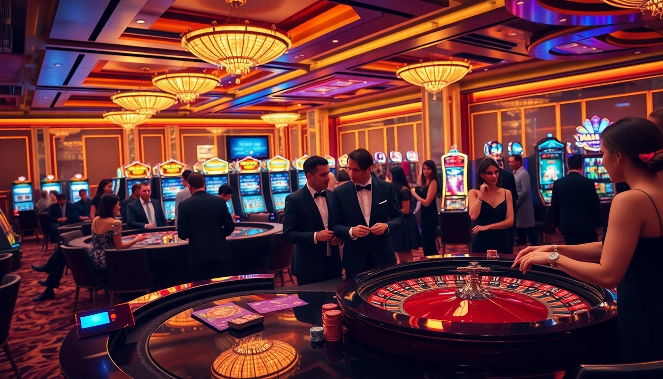 Experience luxury gaming at thabet casino with players enjoying roulette and vibrant slot machines.