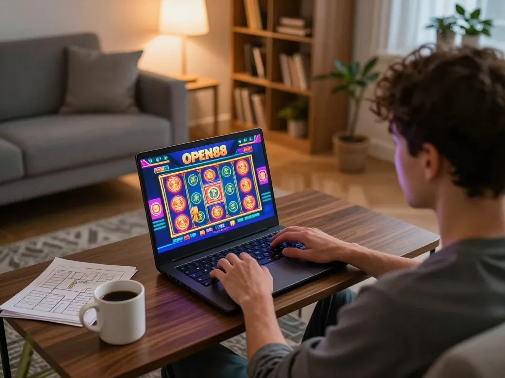 Engaging in online gaming at open88 with slot machines on screen, cozy home ambiance.