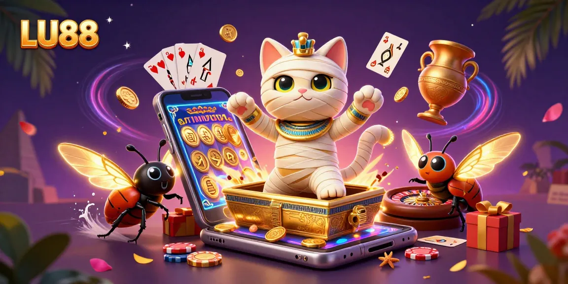 LU88 showcases vibrant casino scene with an Egyptian mummy cat and magical slot elements.